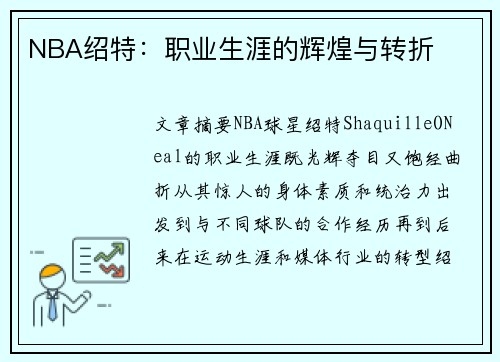 NBA绍特：职业生涯的辉煌与转折